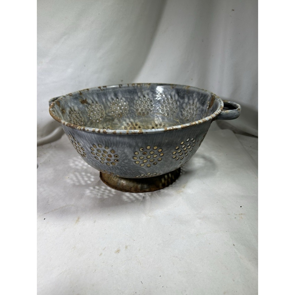 Vintage Enamelware Colander Gray 10'' Primitive Home Kitchen Farm House Decor